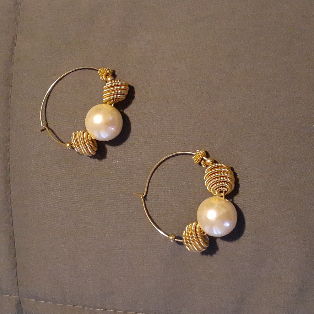 Gold Plated Round Pearl Earrings. 2" X 2" ( L8 113 )